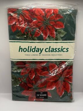 Vintage Holiday Classics Poinsettia Majesty Tablecloth 70” Round